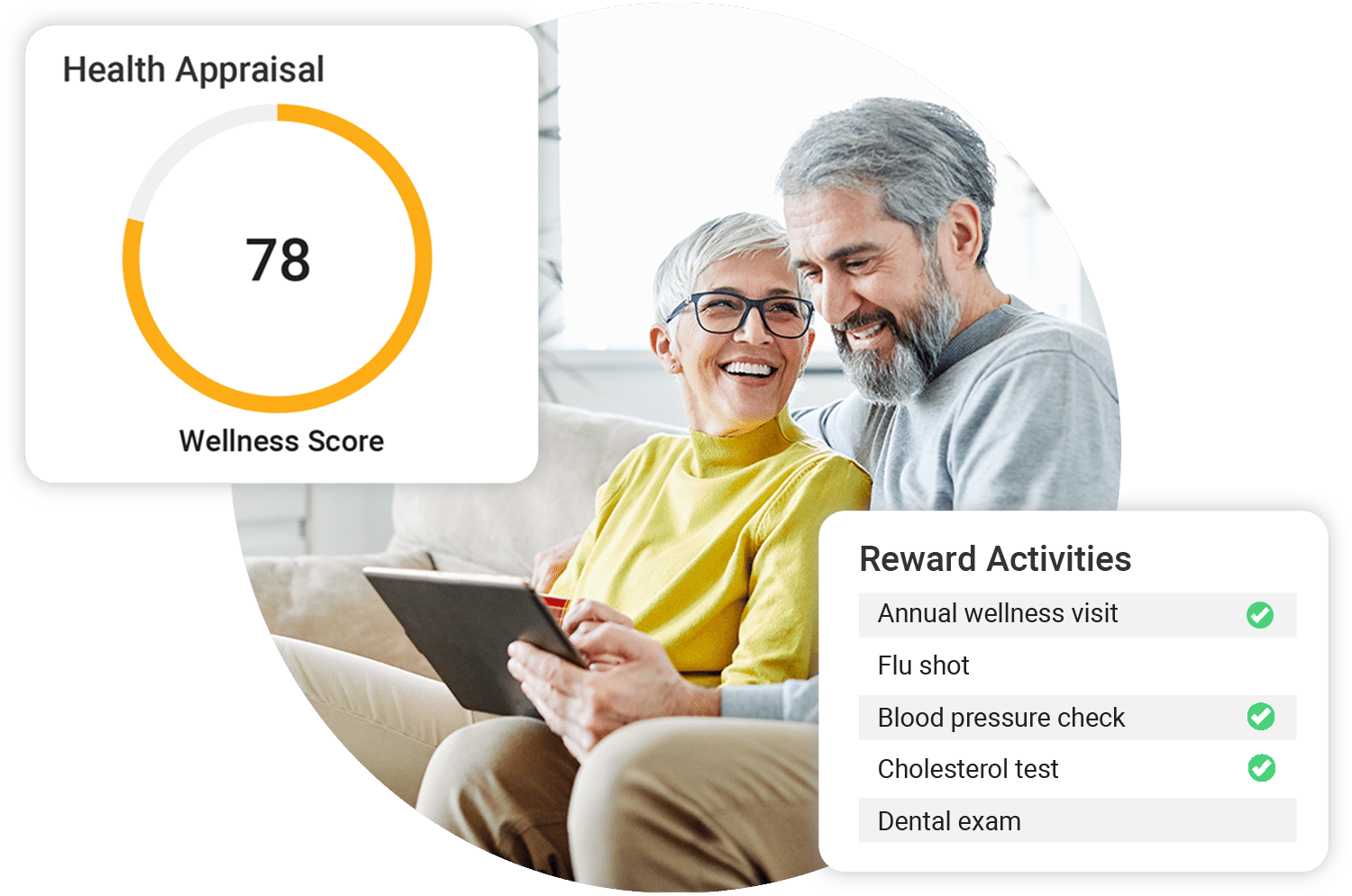 Elderly couple sitting on the couch smiling at an ipad with call out widgets showing a Health Appraisal with a wellness score of 78 and a summary of their reward activities